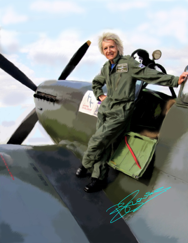 Barbara standing in Douglas Bader pose on the Boultbee Spitfire - a painting study